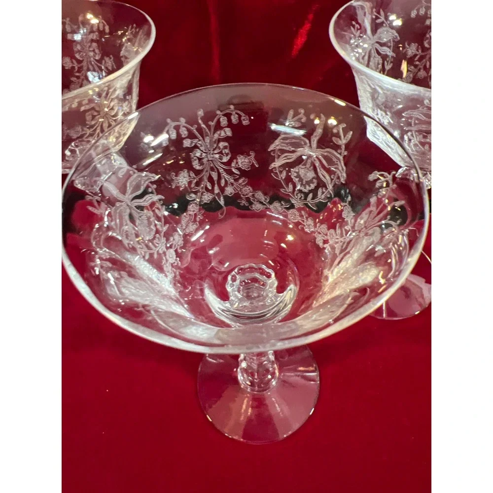 Vintage Fostoria Orchid Etched Crystal‎ Champagne Coupe Glasses Set of 3 5.5